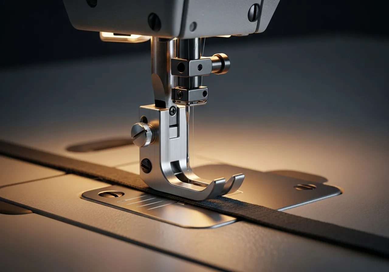 A close-up of a precision-machined steel binding folder guiding fabric tape into an industrial sewing needle